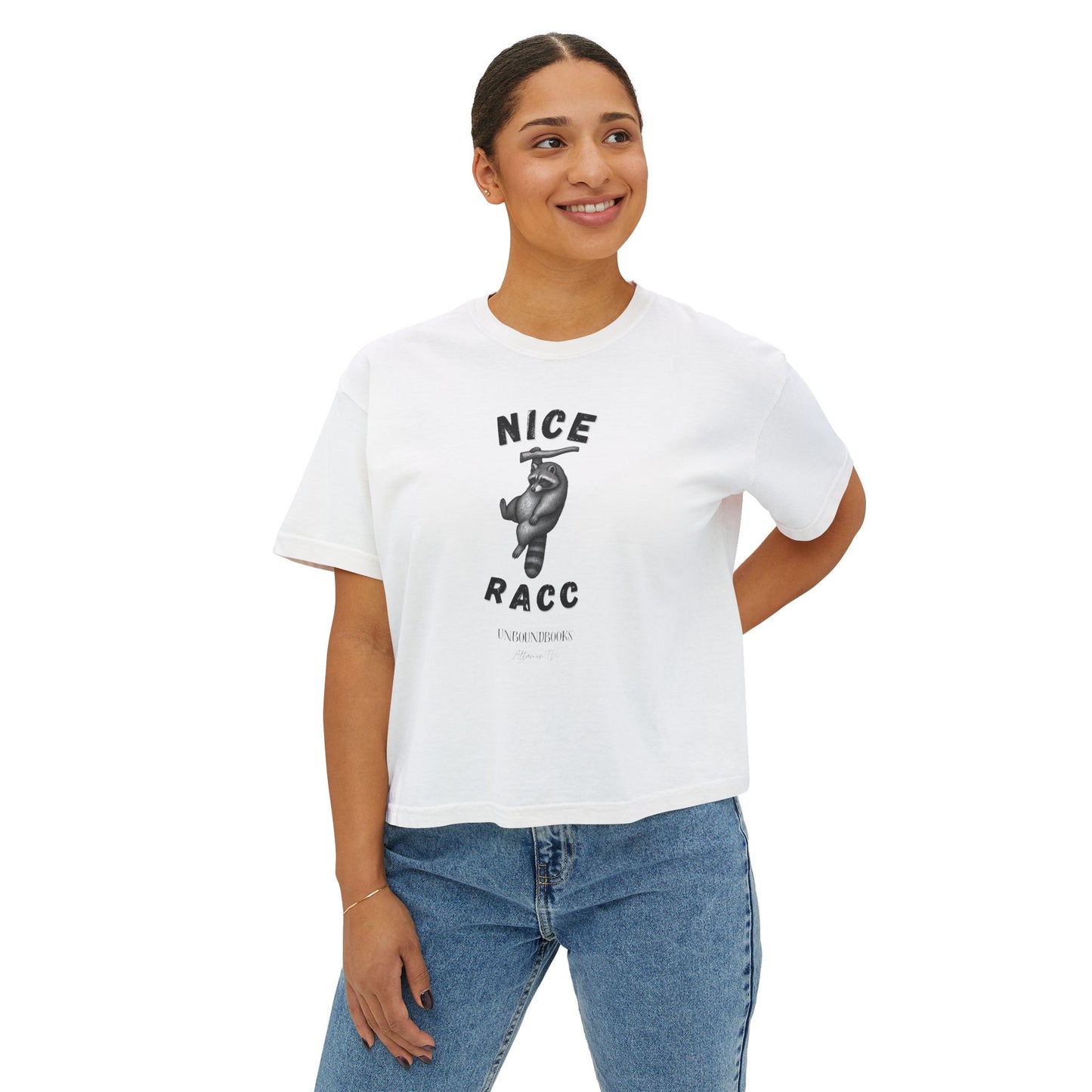 Nice Racc Crop Tee — Women's Boxy Graphic T‑Shirt with Sloth Illustration