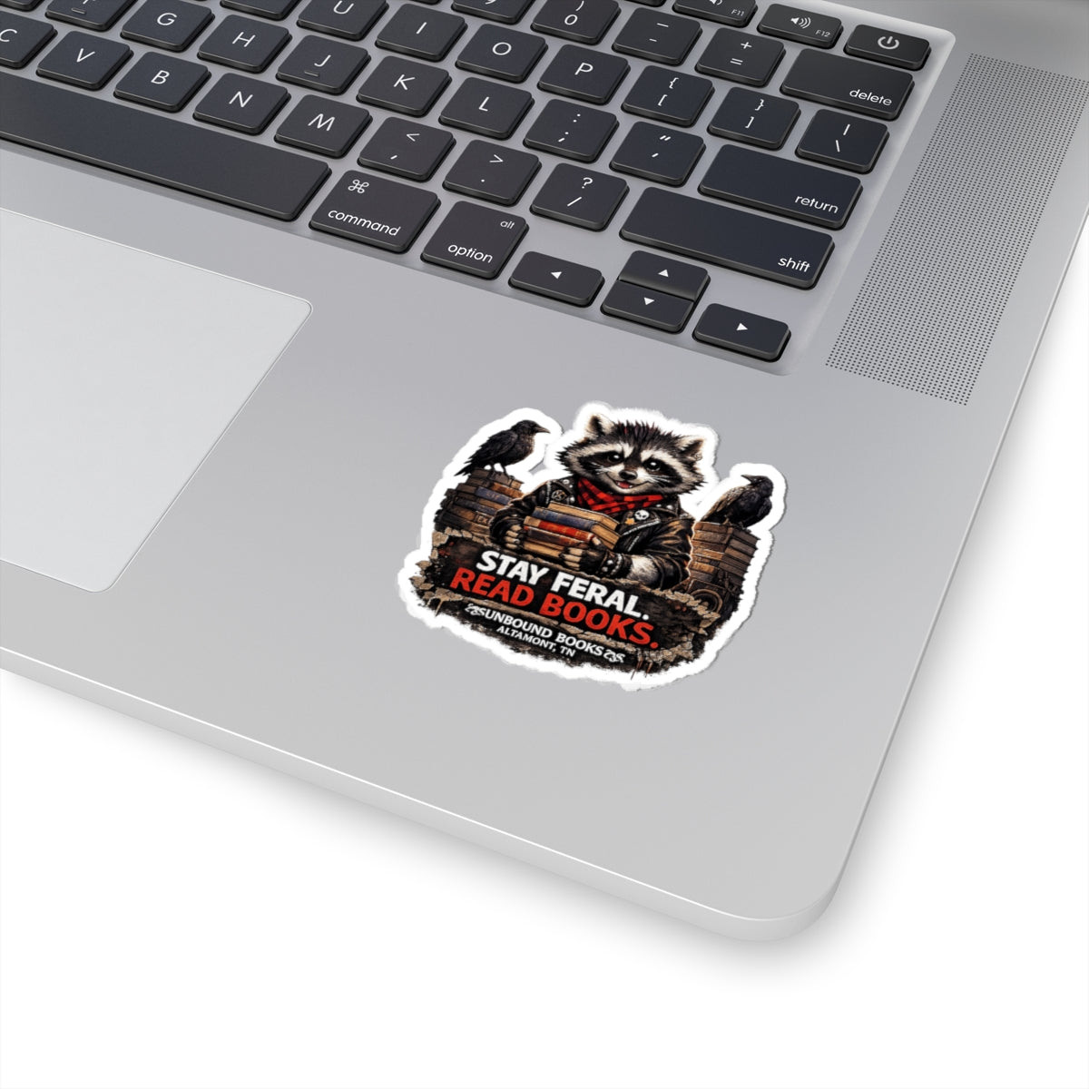 Stay Feral, Read Books Sticker — Raccoon Booklover Kiss-Cut Sticker