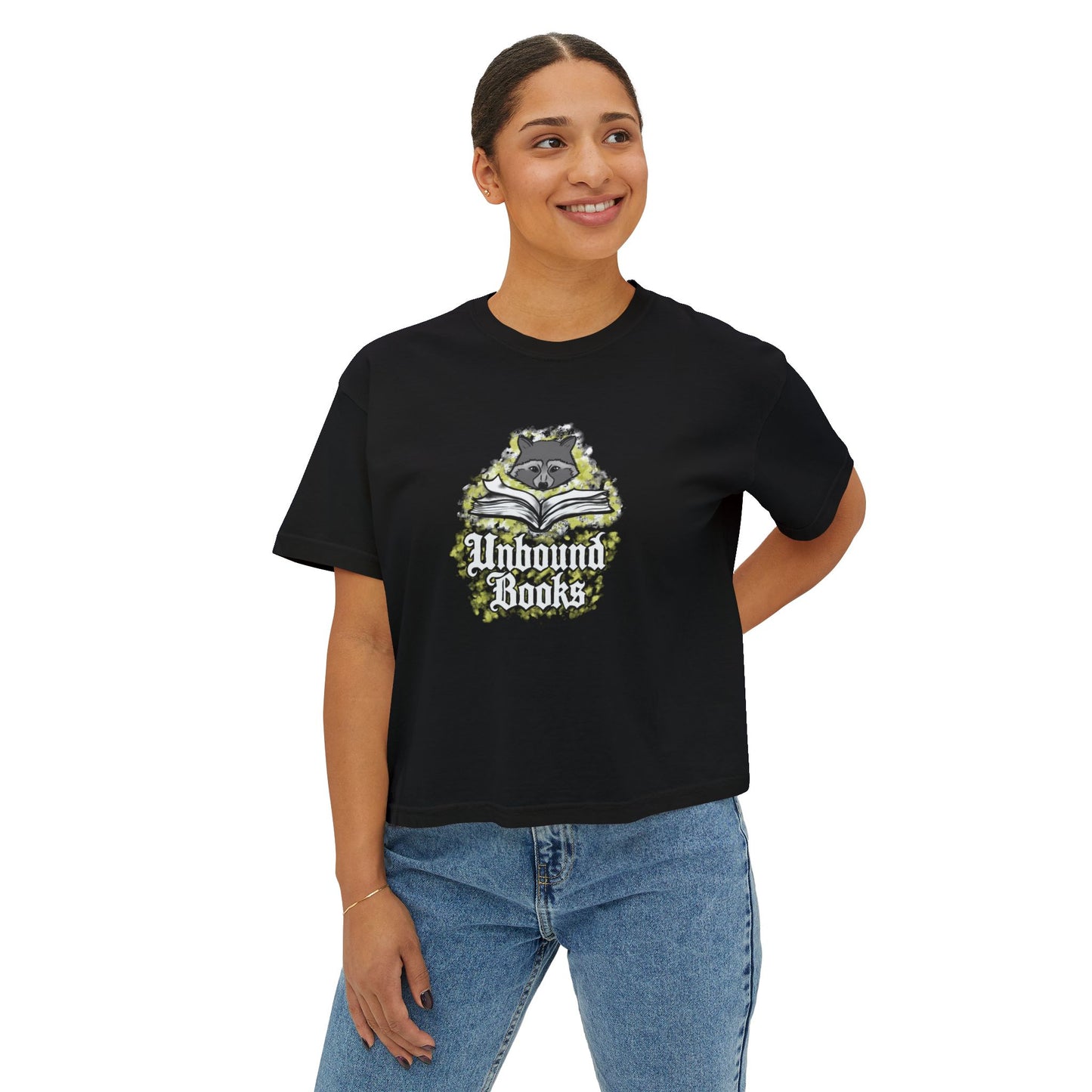 Unbound Books Women's Boxy Tee — Bookish Raccoon Graphic T-Shirt