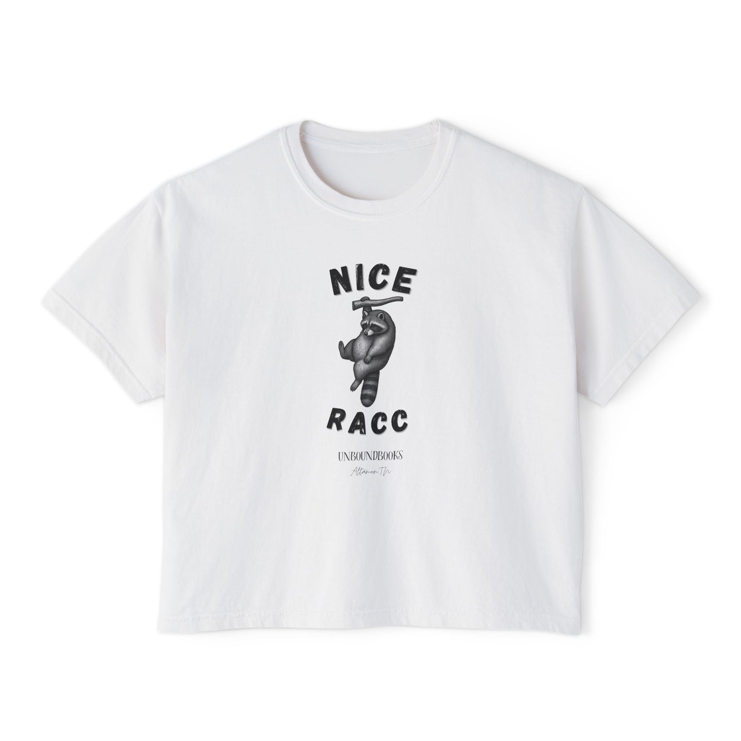 Nice Racc Crop Tee — Women's Boxy Graphic T‑Shirt with Sloth Illustration