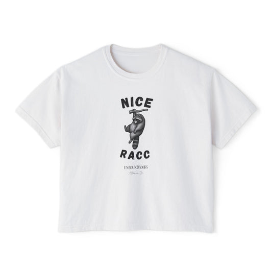 Nice Racc Crop Tee — Women's Boxy Graphic T‑Shirt with Sloth Illustration