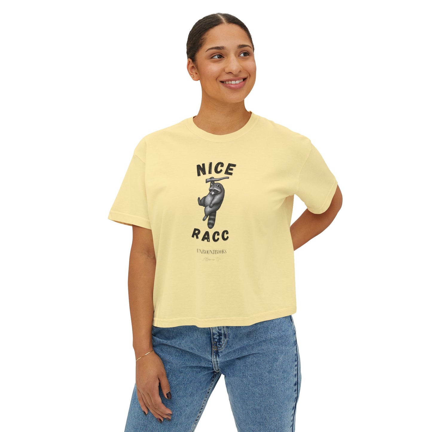 Nice Racc Crop Tee — Women's Boxy Graphic T‑Shirt with Sloth Illustration
