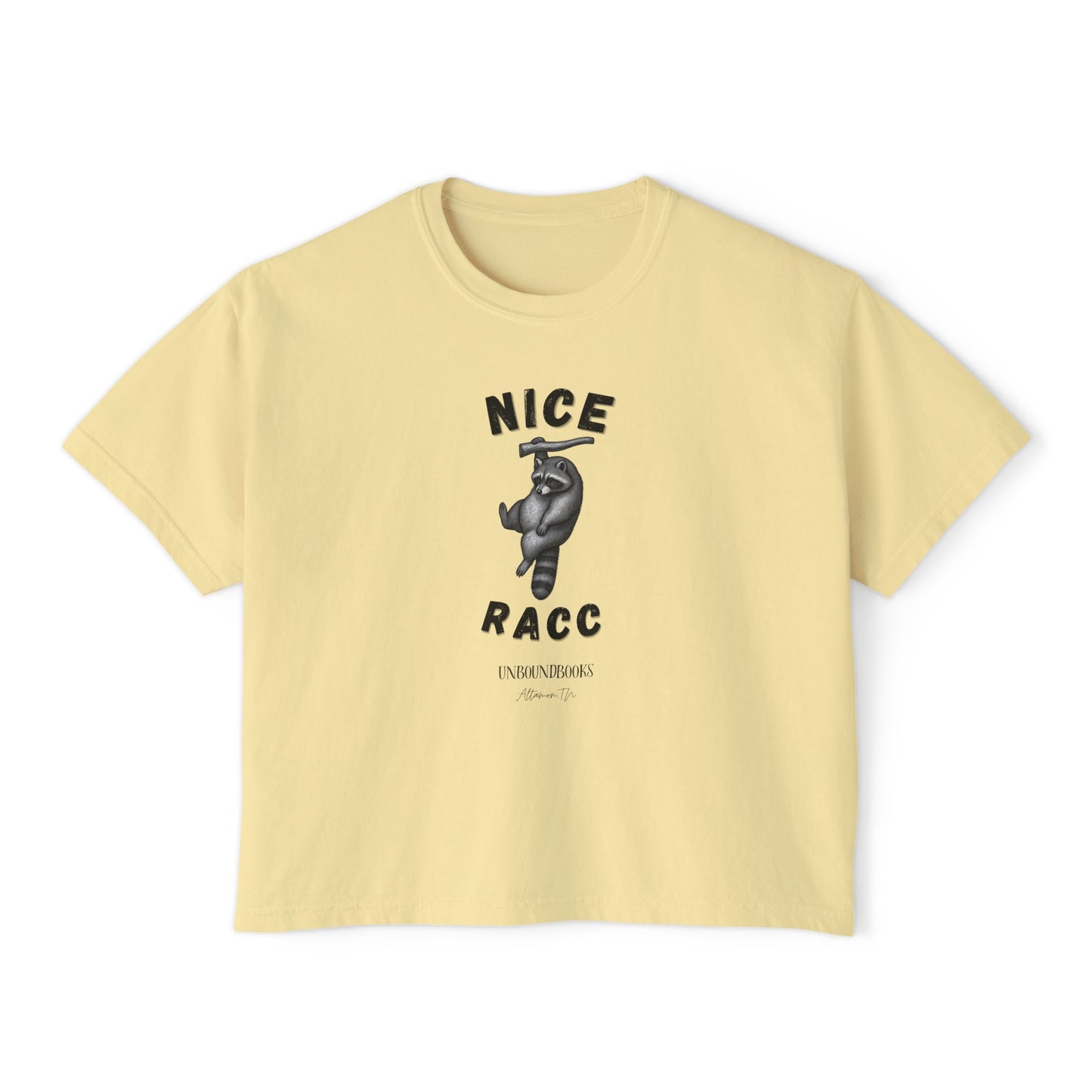 Nice Racc Crop Tee — Women's Boxy Graphic T‑Shirt with Sloth Illustration