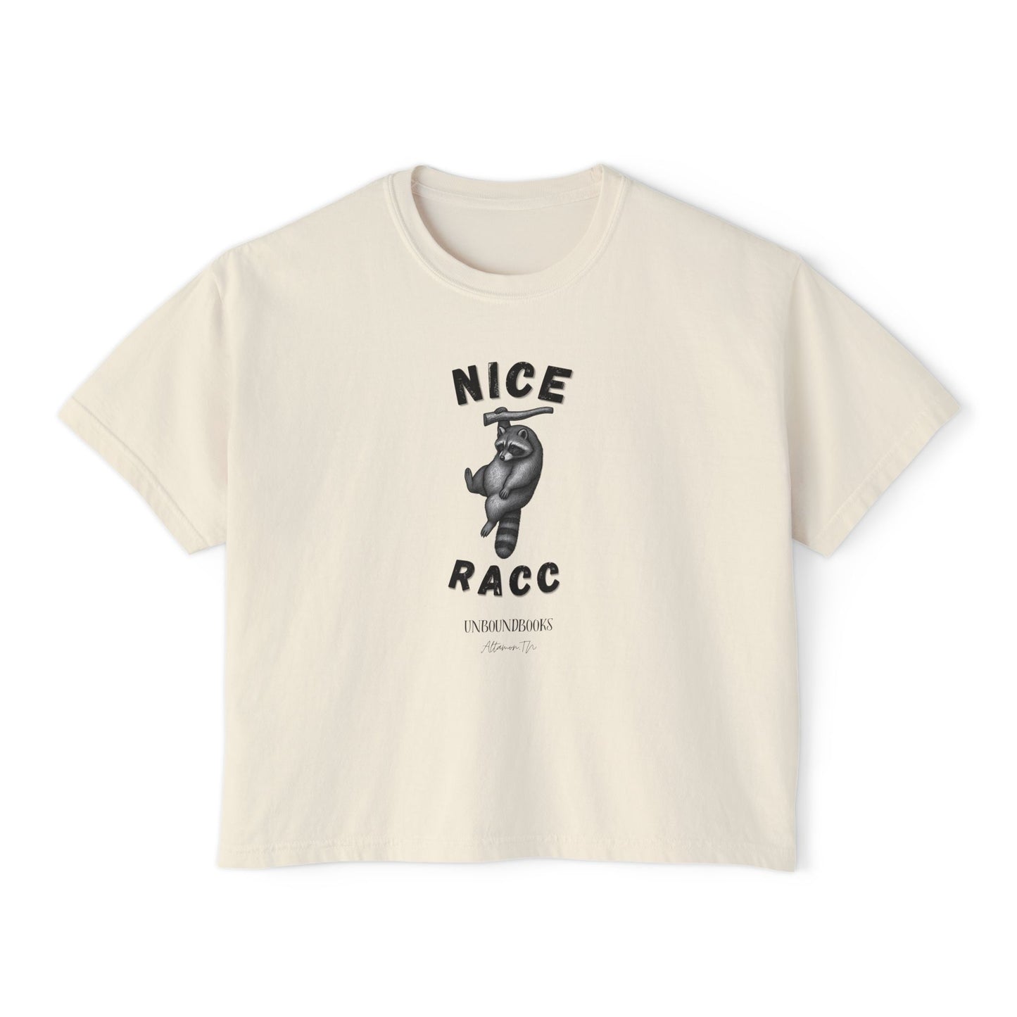 Nice Racc Crop Tee — Women's Boxy Graphic T‑Shirt with Sloth Illustration