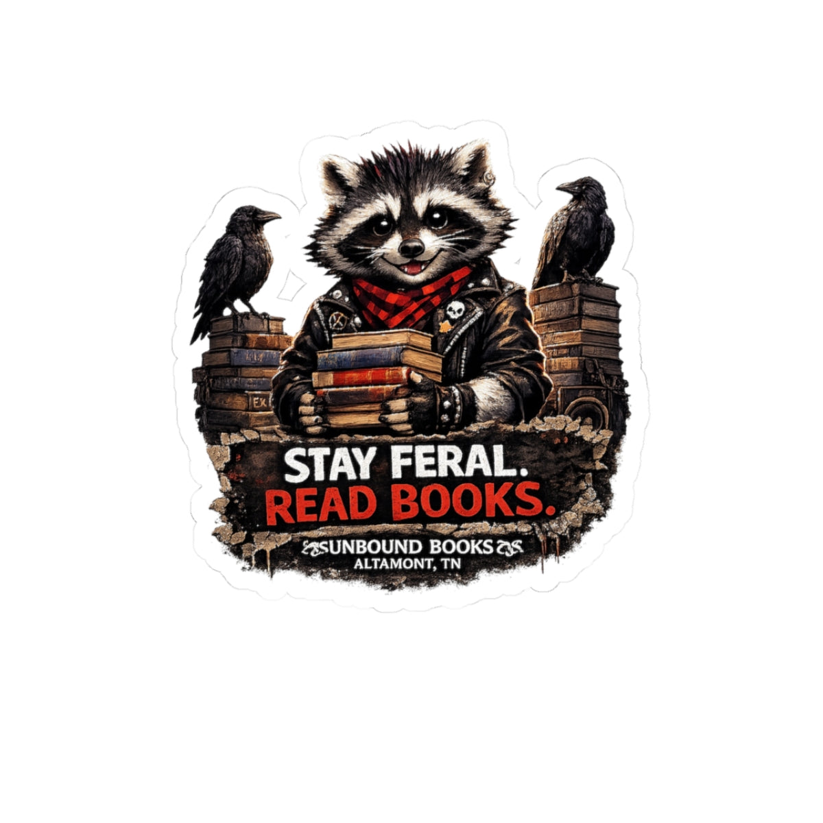 Stay Feral, Read Books Sticker — Raccoon Booklover Kiss-Cut Sticker