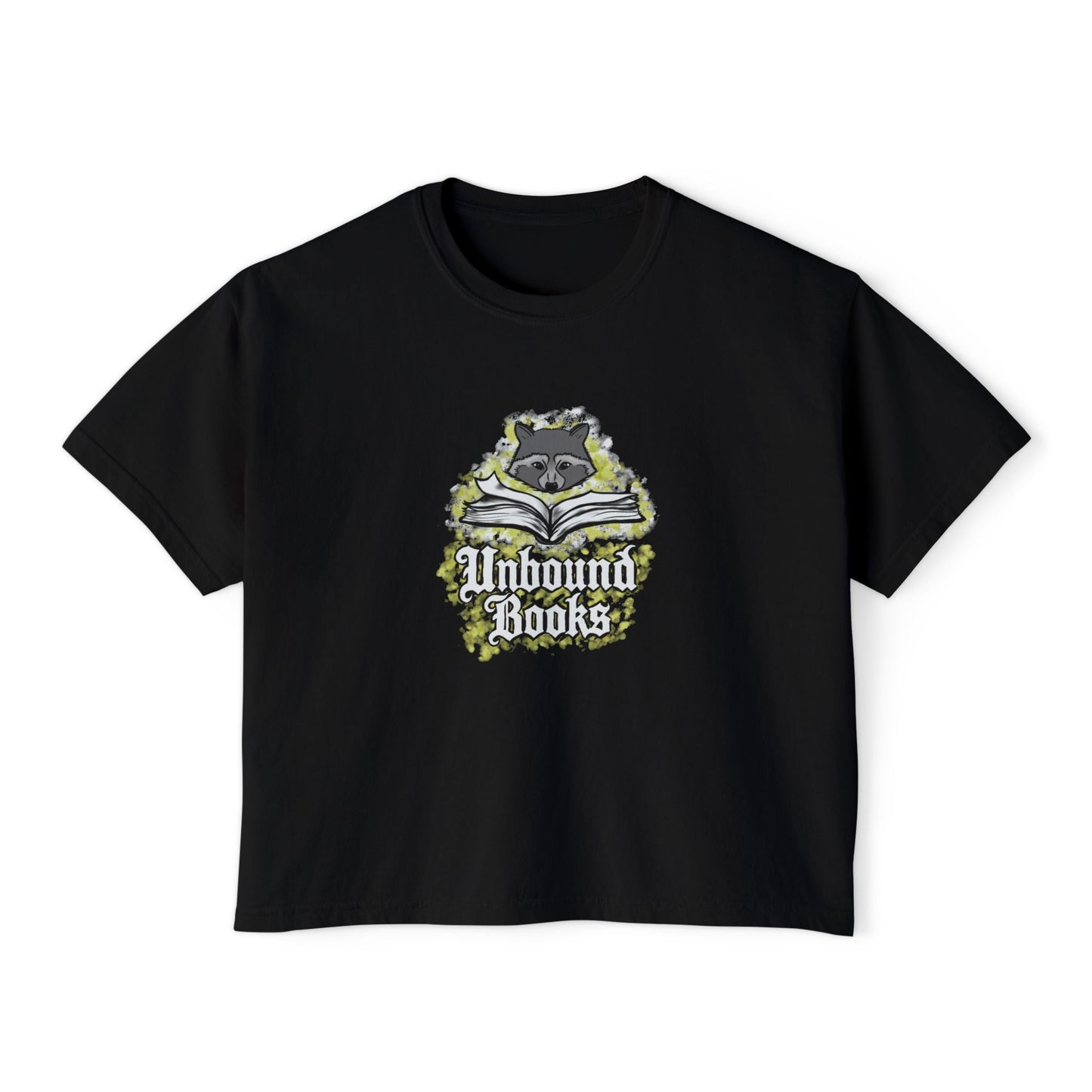 Unbound Books Women's Boxy Tee — Bookish Raccoon Graphic T-Shirt