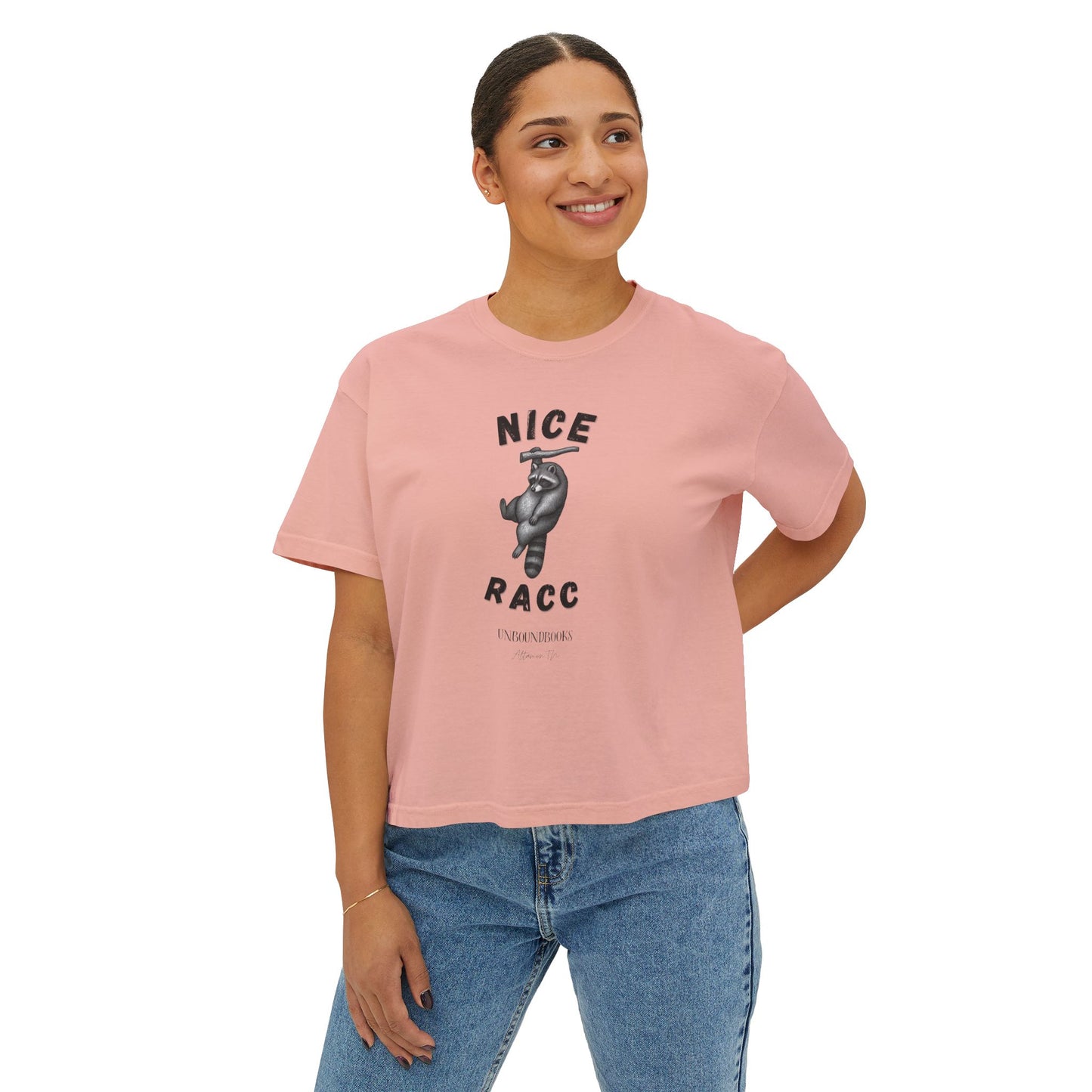 Nice Racc Crop Tee — Women's Boxy Graphic T‑Shirt with Sloth Illustration