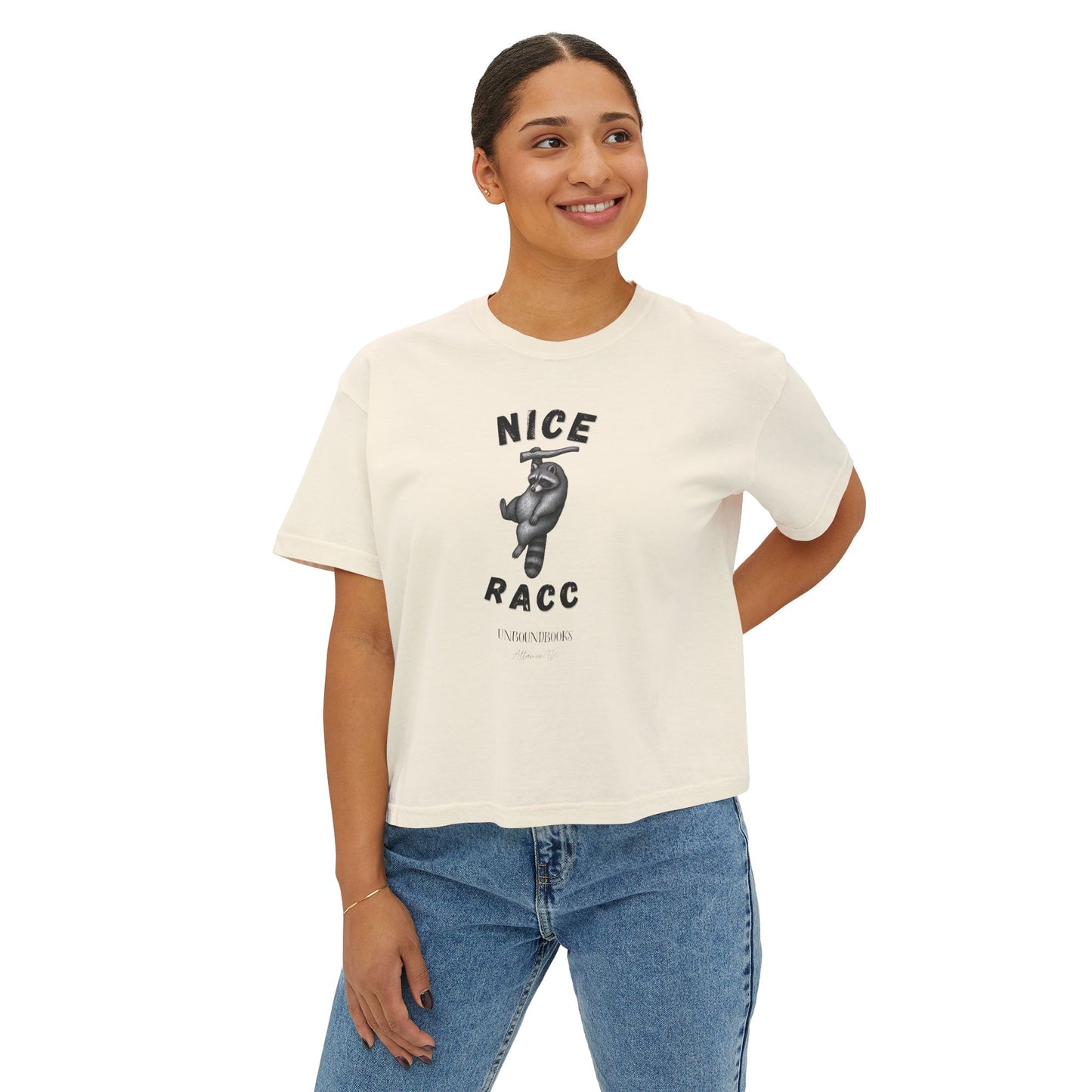Nice Racc Crop Tee — Women's Boxy Graphic T‑Shirt with Sloth Illustration