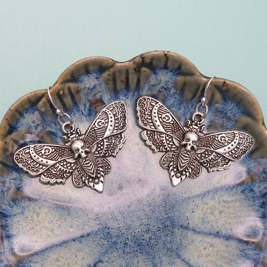 Silver Deaths Head Moth Earrings