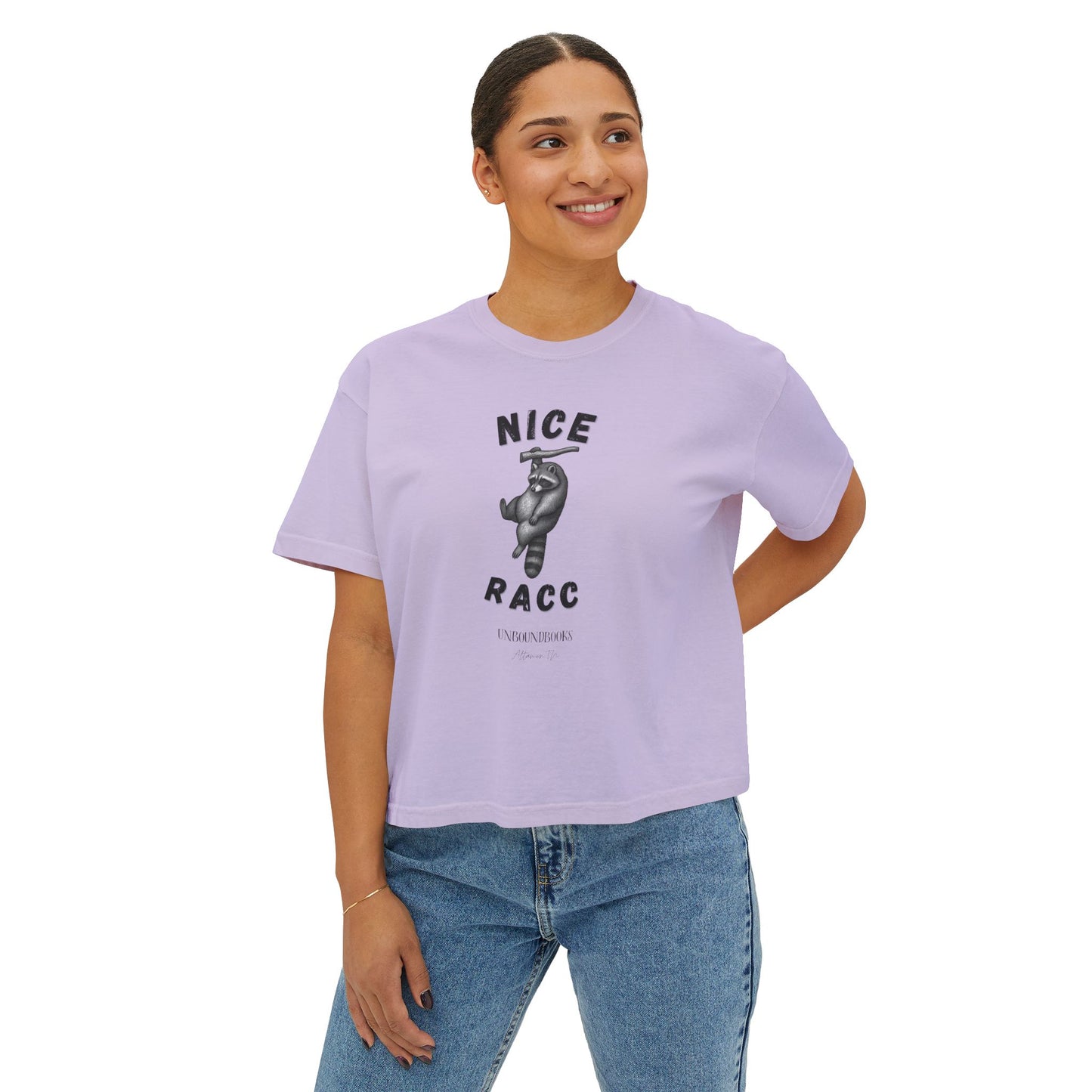 Nice Racc Crop Tee — Women's Boxy Graphic T‑Shirt with Sloth Illustration