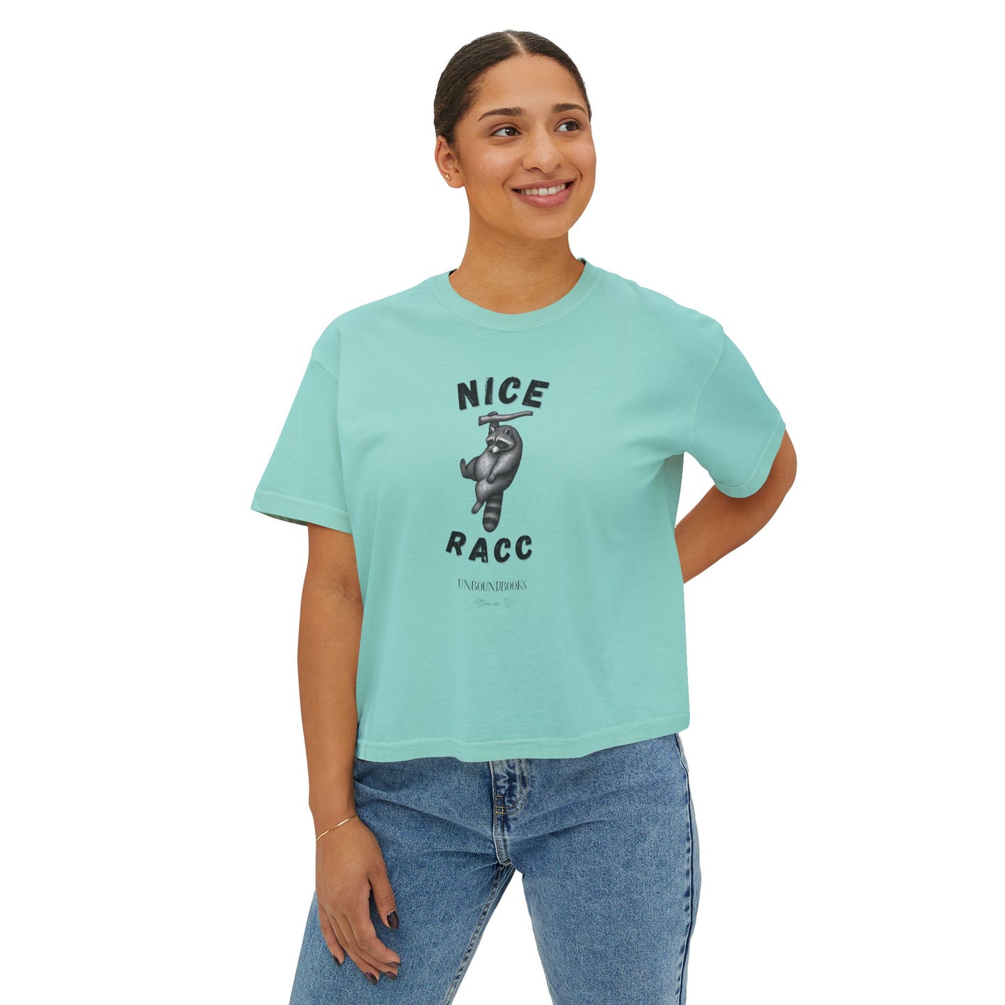 Nice Racc Crop Tee — Women's Boxy Graphic T‑Shirt with Sloth Illustration