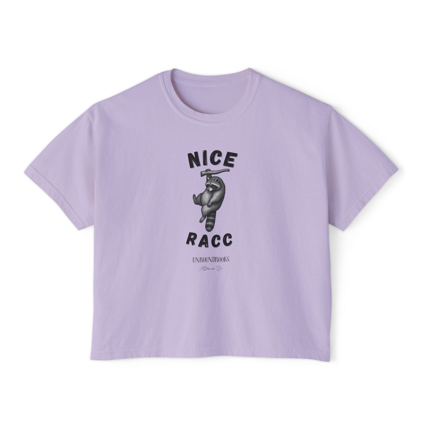 Nice Racc Crop Tee — Women's Boxy Graphic T‑Shirt with Sloth Illustration