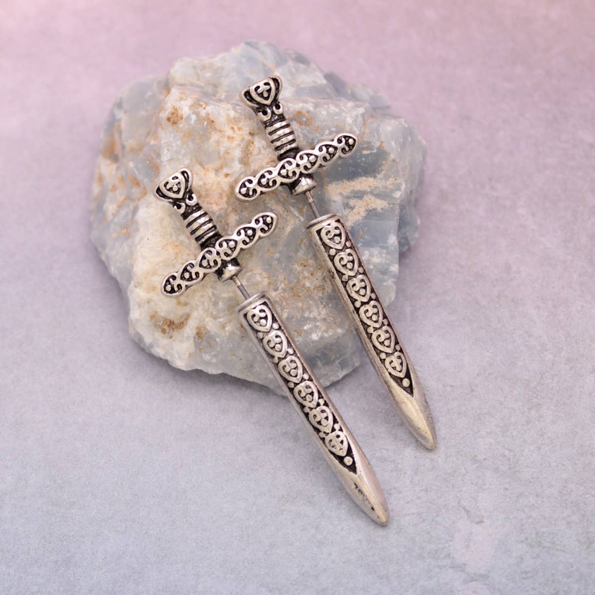 Warrior Style Silver Sword Earrings